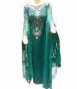 Green Zari Work Stones and Crystal Embedded Georgette Islamic Maxi Arabian Gown Party Wear Farasha