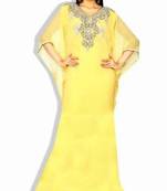 Yellow Zari Work Stones and Crystal Embedded Georgette Islamic Maxi Arabian Gown Party Wear Farasha
