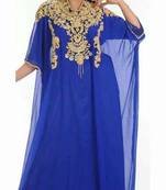 Blue Zari Work Stones and Crystal Embedded Georgette Islamic Maxi Arabian Gown Party Wear Farasha