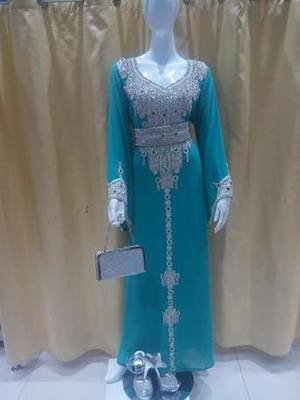 Teal Zari Work Stones and Crystal Embedded Georgette Islamic Maxi Arabian Gown Party Wear Kaftan 1