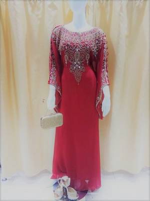 Red Zari Work Stones and Crystal Embedded Georgette Islamic Maxi Arabian Gown Party Wear Farasha 1