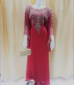 Red Zari Work Stones and Crystal Embedded Georgette Islamic Maxi Arabian Gown Party Wear Farasha