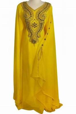 Yellow Zari Work Stones and Crystal Embedded Georgette Islamic Maxi Arabian Gown Party Wear Farasha 1