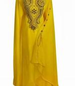 Yellow Zari Work Stones and Crystal Embedded Georgette Islamic Maxi Arabian Gown Party Wear Farasha