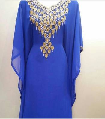 Blue Zari Work Stones and Crystal Embedded Georgette Islamic Maxi Arabian Gown Party Wear Farasha 1