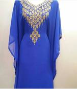 Blue Zari Work Stones and Crystal Embedded Georgette Islamic Maxi Arabian Gown Party Wear Farasha