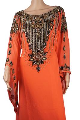 Orange Zari Stone Work Georgette Islamic Style Arabian gown Beads Embedded PartyWear Farasha 2