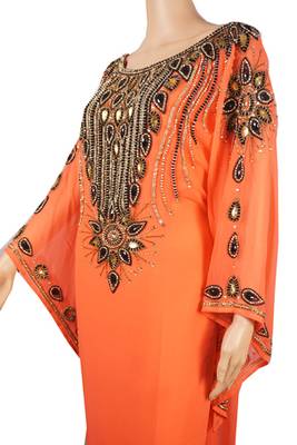 Orange Zari Stone Work Georgette Islamic Style Arabian gown Beads Embedded PartyWear Farasha 3
