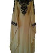 Beige Zari Work Stones and Crystal Embedded Georgette Islamic Maxi Arabian Gown Party Wear Farasha