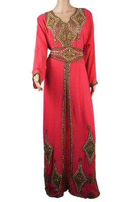 Pink Zari Stone Work Georgette Islamic Style Arabian gown Beads Embedded PartyWear Kaftan 1