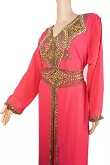 Pink Zari Stone Work Georgette Islamic Style Arabian gown Beads Embedded PartyWear Kaftan