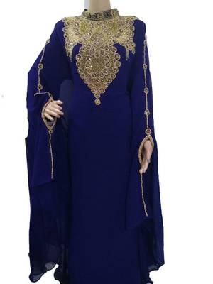Blue Zari Work Stones and Crystal Embedded Georgette Islamic Maxi Arabian Gown Party Wear Farasha 1