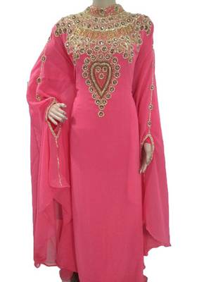Pink Zari Work Stones and Crystal Embedded Georgette Islamic Maxi Arabian Gown Party Wear Farasha 1