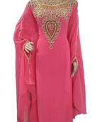 Pink Zari Work Stones and Crystal Embedded Georgette Islamic Maxi Arabian Gown Party Wear Farasha