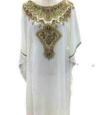 White Zari Work Stones and Crystal Embedded Georgette Islamic Maxi Arabian Gown Party Wear Farasha 1