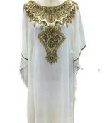 White Zari Work Stones and Crystal Embedded Georgette Islamic Maxi Arabian Gown Party Wear Farasha