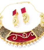 Ornate Ruby American Diamond Pearl Necklace Set