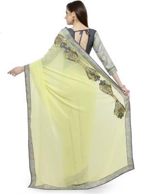 Green printed georgette saree with blouse 3
