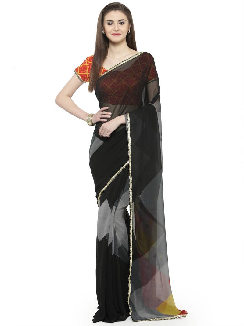 Black printed georgette saree with blouse