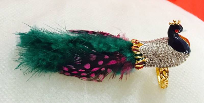 American Diamond Enamel Peacock Green Feather Finger Ring