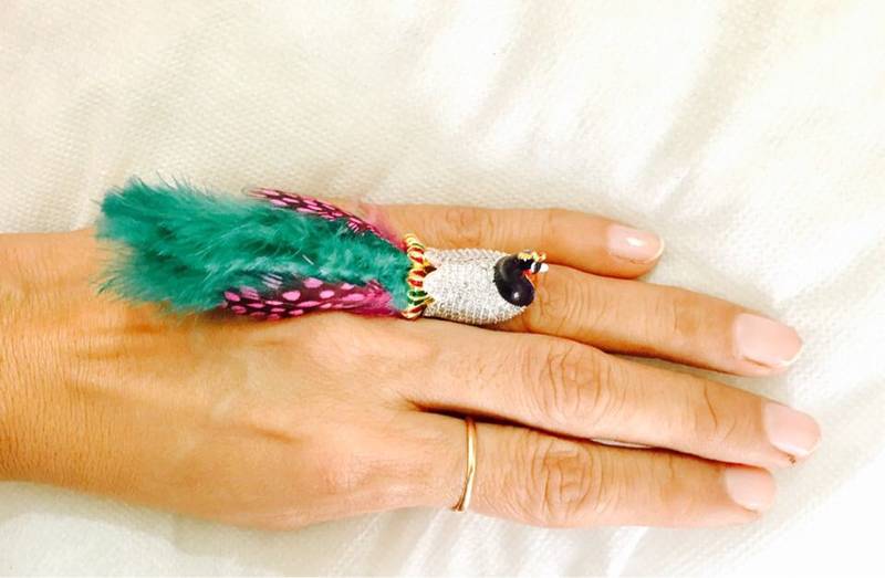 American Diamond Enamel Peacock Green Feather Finger Ring