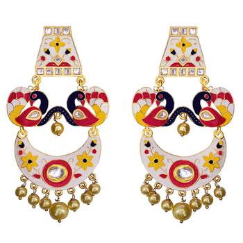 Trendy Meenakari Peacock Shape Double Layer Chaand Bali Brass Earring Set 1