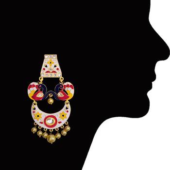 Trendy Meenakari Peacock Shape Double Layer Chaand Bali Brass Earring Set 3