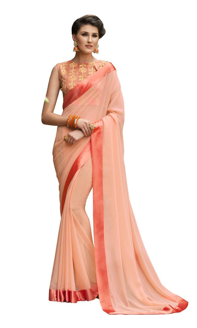 Orange Pure Georgette Embroidered Saree With Blouse