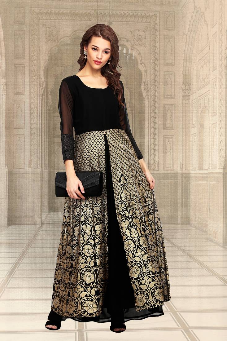 Black printed georgette stitched kurta