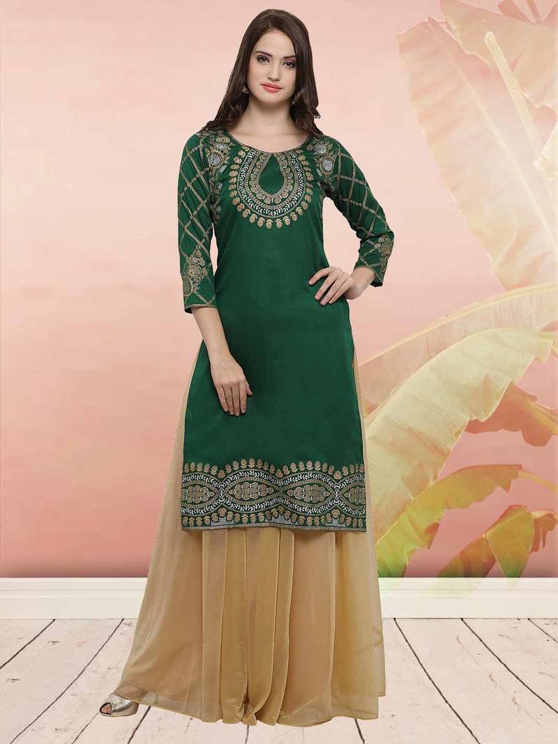 Green printed dupion silk kurtas-and-kurtis