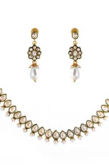 kundan drop pearl polki gold plated chocker necklace earring set