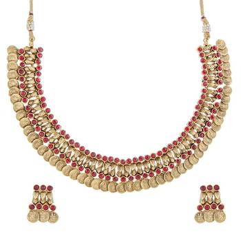 ruby red lakshmi gold coin temple antique necklace earring set 1