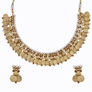 red pearl lakshmi gold coin temple antique necklace earring set 1