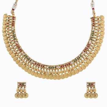 cz red green lakshmi gold coin temple antique necklace earring set 1