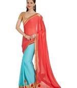Red embroidered georgette saree with blouse