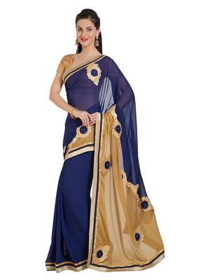 Navy blue embroidered georgette saree with blouse 1