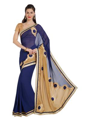 Navy blue embroidered georgette saree with blouse 3
