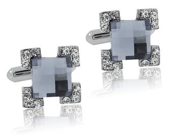 Formal Shirt Square Faceted Grey Stone CZ Rhodium Brass Cufflinks Pair Boys Men Valentine Gift Box 1