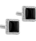 Glossy Square Black Enamel Rhodium Plated Brass Cufflinks Pair Boys Men Gift Box