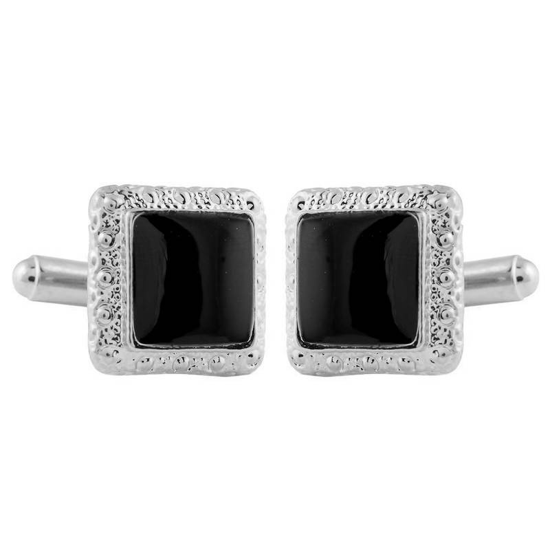 Glossy Square Black Enamel Rhodium Plated Brass Cufflinks Pair Boys Men Gift Box