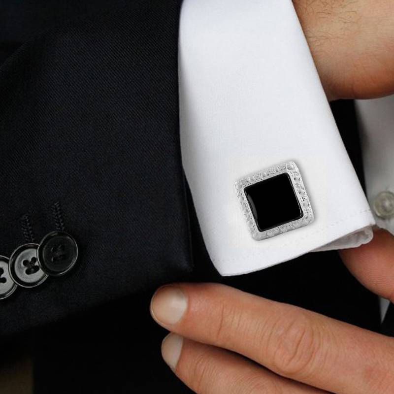 Glossy Square Black Enamel Rhodium Plated Brass Cufflinks Pair Boys Men Gift Box