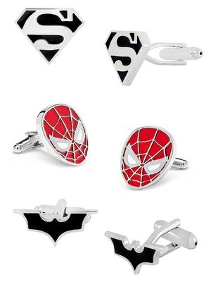 Batman Superman Spiderman Rhodium Plated Enamel Brass Black 3 Pair Of Cufflink Combo Boys Mens 1