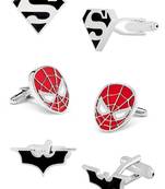 Batman Superman Spiderman Rhodium Plated Enamel Brass Black 3 Pair Of Cufflink Combo Boys Mens
