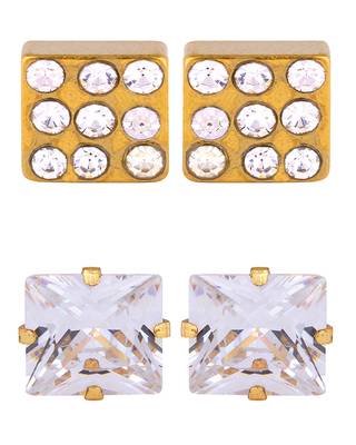 Gold plated Squre Stainless Steel with CZ stone 2 Pair Stud Earring For Men 1
