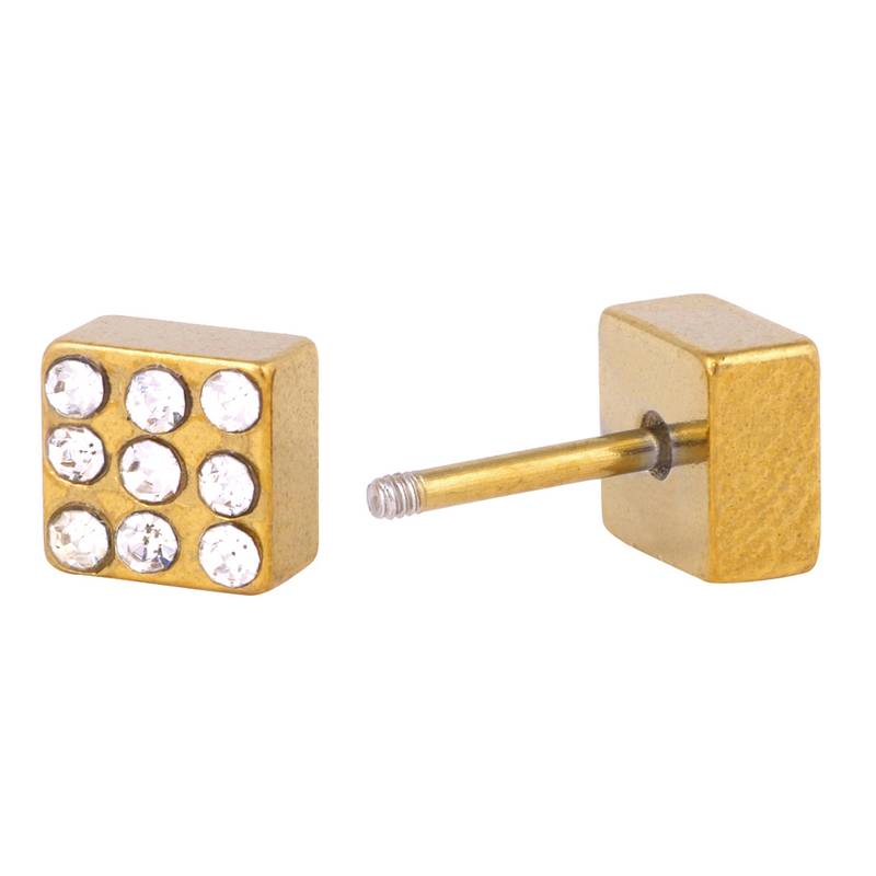 Gold plated Squre Stainless Steel with CZ stone 2 Pair Stud Earring For Men