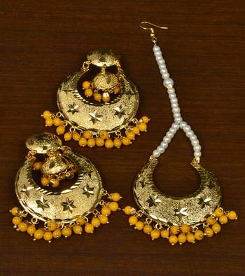 Gold Plated Beaded Self-Pattern Designer Dangler Earrings cum Tikka 1