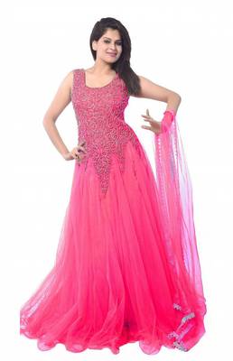 Pink embroidered net party  wear gown 1