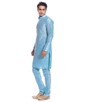 Blue Silk Ethnic Indian Traditional Mens Festive Wear Kurta Pyjama 2