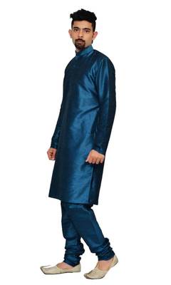 Blue Silk Ethnic Indian Traditional Mens Festive Wear Kurta Pyjama 2