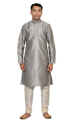 Grey Silk Ethnic Indian Traditional Mens Festive Wear Kurta Pyjama 1